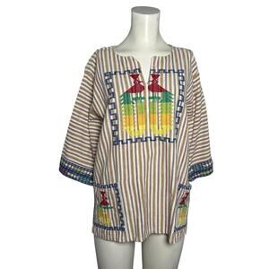 Vintage Mexican Embroidered Bird Blouse Striped Folk Top Pockets Boho Hippie L